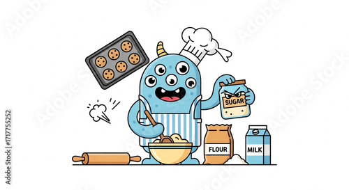 Five-eyed monster chef baking cookies.