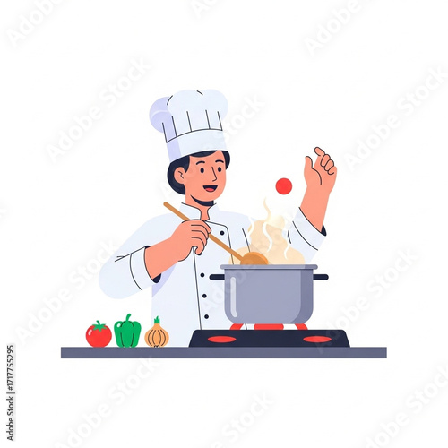 A chef joyfully cooks in a kitchen, stirring a pot on a stove.