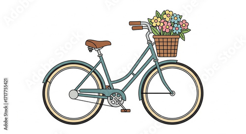 A teal bicycle with a brown basket of flowers.