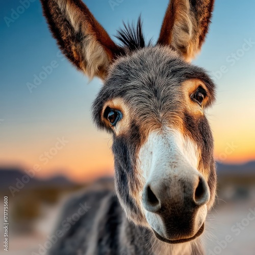 A cheerful donkey stands still, gazing into the distance as the sun sets behind it