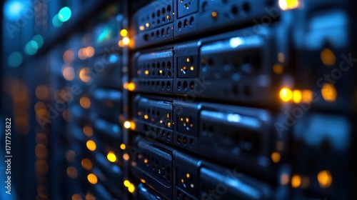 Servers glow softly in the technology hub, showcasing a high capacity data center