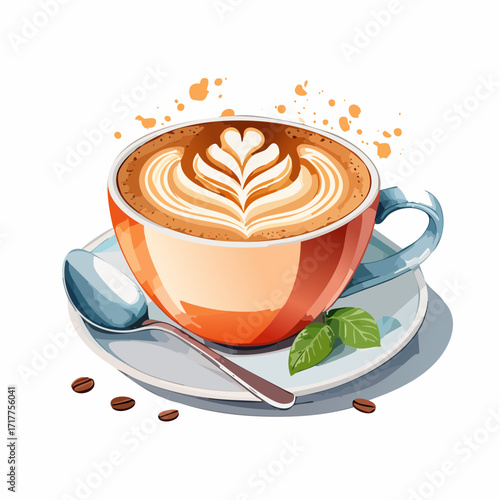 水彩画で描かれたカプチーノコーヒーのイラスト