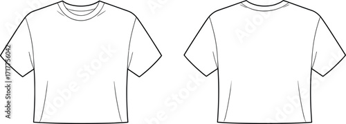 Blank cropped t-shirt flat sketch front and back view, casual short sleeve fashion design, vector apparel template for clothing mockup