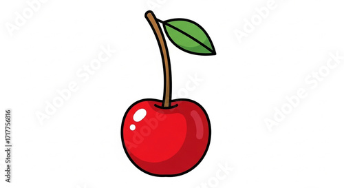A single ripe red cherry with stem and leaf.