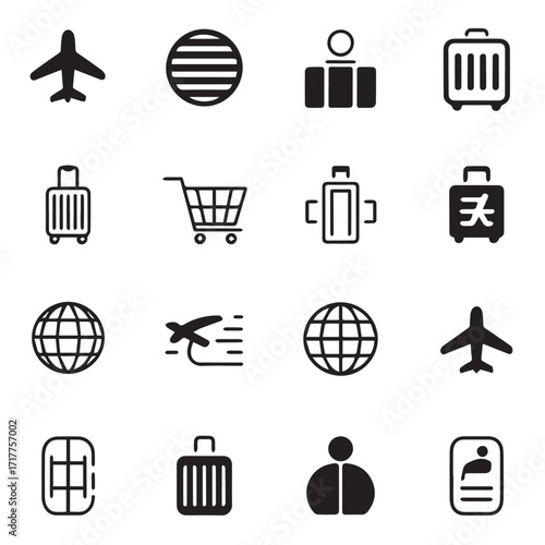 A set of 16 black and white travel and vacation icons. Editable stroke.
