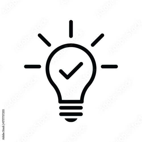 Flat icon of light bulb with check mark icon