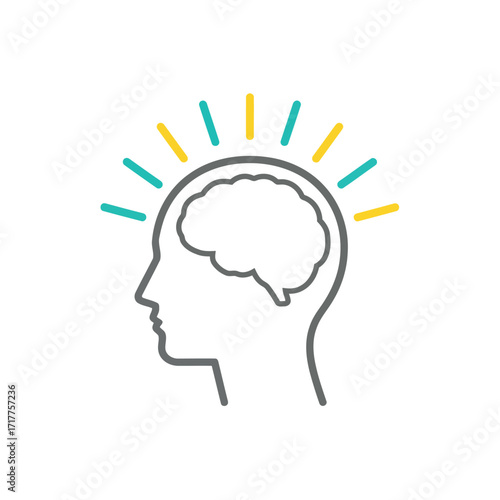 Flat icon of human head silhouette with brain and radiating lines