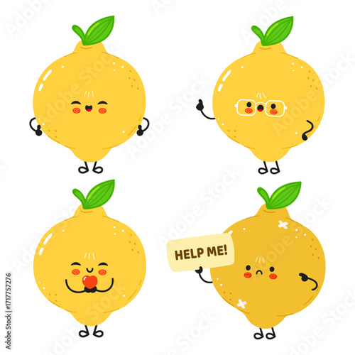 Cute cartoon lemons with different expressions on a white background.