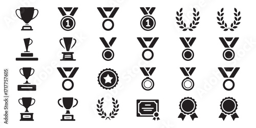 A set of 24 black and white various award and achievement symbols  icons. Editable stroke.