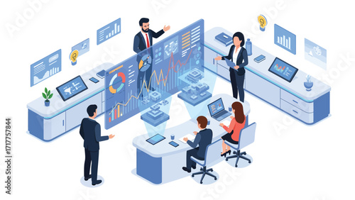 Business team analyzes data on holographic displays in modern office, collaborating on strategy and innovation with a futuristic feel.