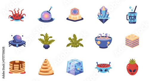 Collection of Fantasy Food and Drink Items with Unique Designs.