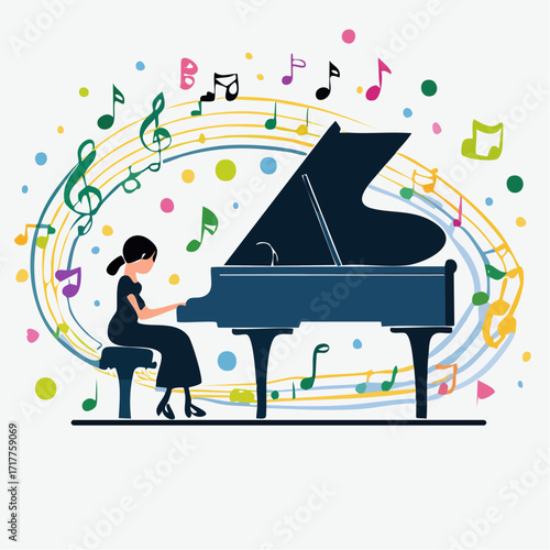 A Woman Playing Grand Piano with Colorful Musical Notes