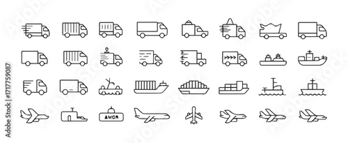 Commercial vehicles line icon set. Including container, pallet, forklift, plane, drone, helicopter, ship, train, cargo truck, warehouse, and more. Editable stroke.