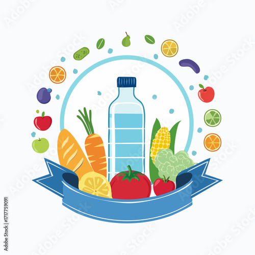 Healthy Lifestyle Concept with Water Bottle, Fruits and Vegetables