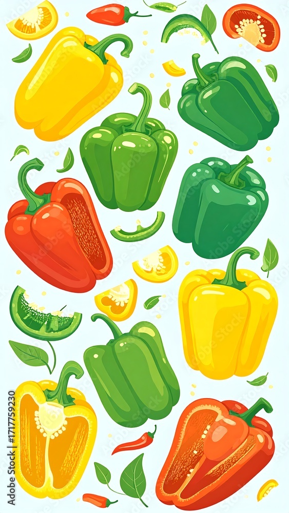 Fototapeta premium Colorful bell peppers arranged in a vertical pattern