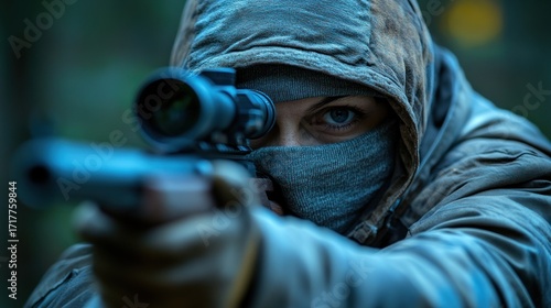 A skilled hunter aims carefully through a rifle scope, hidden among trees in twilight