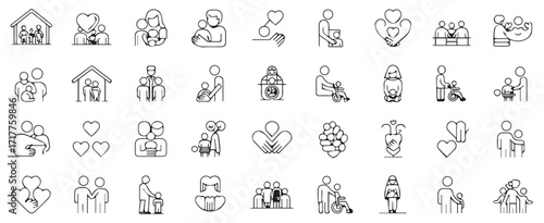 Family and parenting line icon set. Including couples, single parents, children, elderly, baby, newborn, teenager and more others.Editable stroke.