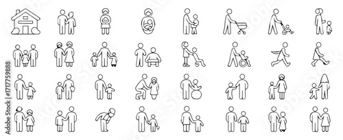 Family and parenting line icon set. Including couples, single parents, children, elderly, baby, newborn, teenager and more others.Editable stroke.