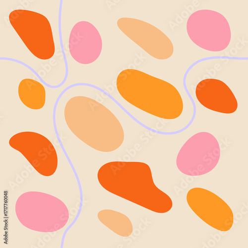 Vibrant abstract composition featuring pink, orange, and peach ovals connected by soft lavender curves on a warm beige canvas. Perfect for modern design, backgrounds, and creative branding projects.