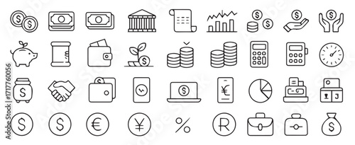 Finance line icon set. Including money, wallet, banking tools, currency symbols, investment chart, financial services, piggy bank, dollar and more others. Editable stroke.
