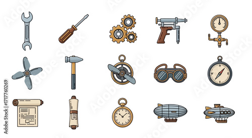 Collection of Hand Drawn Steampunk Mechanical and Invention Icons.
