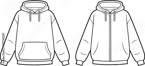 Blank hoodie template, unisex pullover and zip sweatshirt mockup, casual cotton clothing outline, front fashion design vector, streetwear apparel illustration