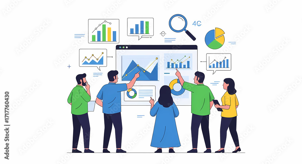 Collaborative team analyzing data visualizations and market trends on a digital dashboard, driving strategic business intelligence for informed decision-making and organizational growth