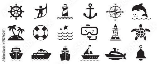 Maritime and nautical icon set. Including ship, anchor, compass, lighthouse, dolphin, sailing, marine life, ocean travel  and more others. Editable stroke.
