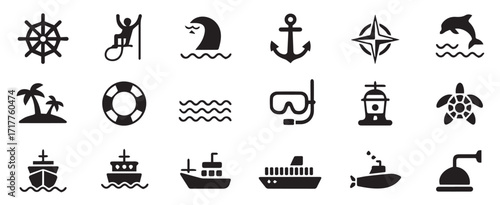 Maritime and nautical icon set. Including ship, anchor, compass, lighthouse, dolphin, sailing, marine life, ocean travel  and more others. Editable stroke.