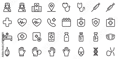 Medical healthcare line icon set. Including stethoscope, thermometer, syringe, pill, medicine, emergency, cross, heart, blood test, ambulance, bed, telehealth, and others. Editable stroke.