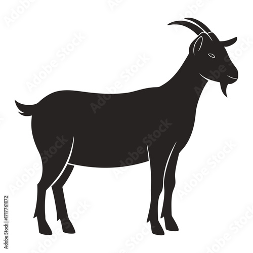 Silhouette of a Majestic Goat Standing Proudly with Curving Horns and Elegant Features Against a White Background