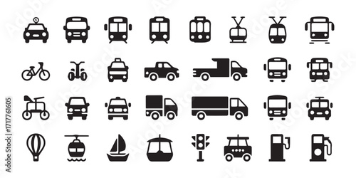 Transportation, vehicle icon set. Including travel, logistics, public transit concepts, car, train, bus, bicycle, boat, airplane and more. Editable stroke.