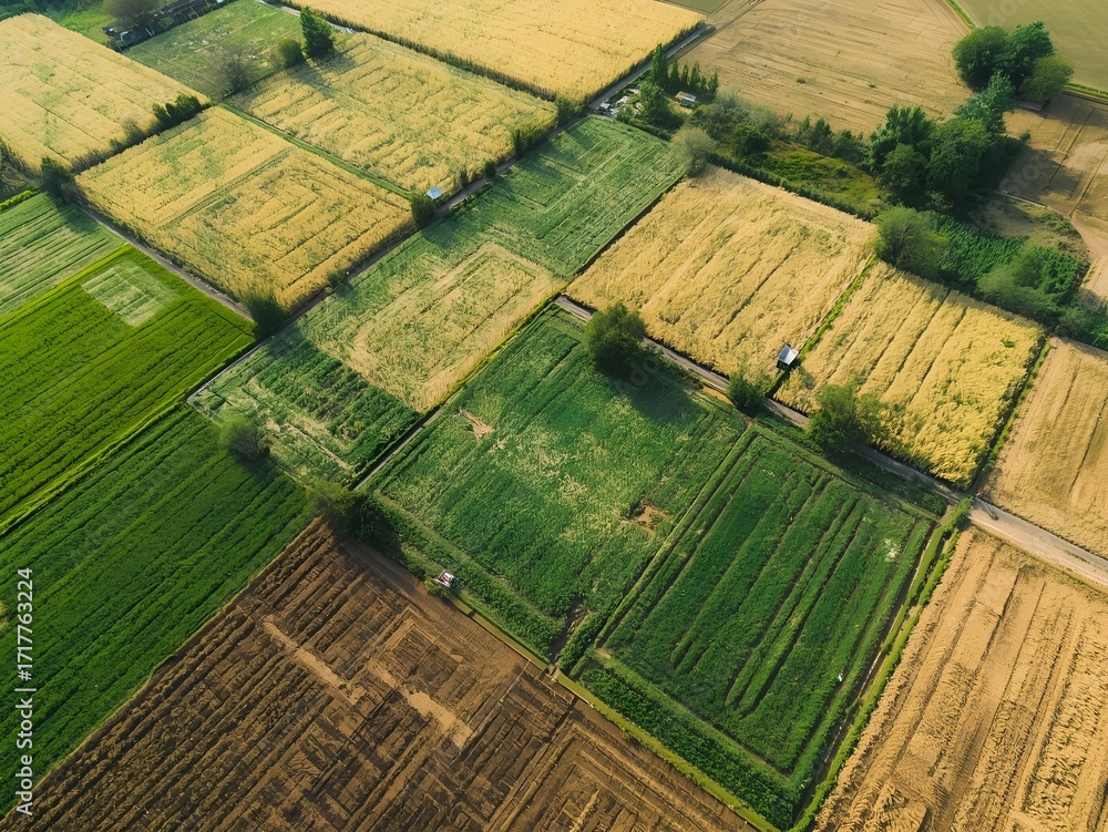 Fototapeta premium Aerial view of lush green and golden rice fields divided by trees agriculture landscape