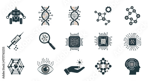 Collection of Scientific Icons Representing Robotics DNA and Microchips.