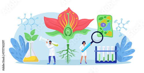 Scientist exploring nature. Botany, microbiology, biology. Science research lab. Scientists make laboratory analysis of life system, living organisms, plant cell. Molecular engineering, bioengineering
