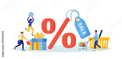 Black Friday Sale Event. People Buy on Big Discount Sales. Customers Running with Shopping Bags, Trolley with Gift Boxes, Percent Discount Symbol on Background. E-commerce and Online Shopping