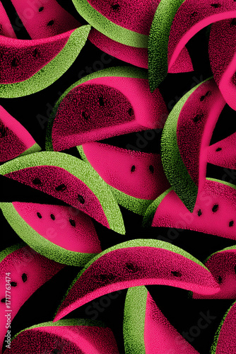 watermelon rind pattern close up on deep black background.