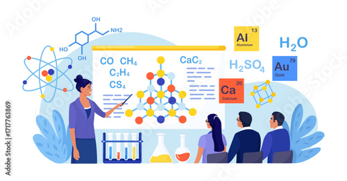 Chemistry school lesson. Students learning chemical formula, element structure. Scientific experiment in laboratory with chemistry flasks, reagents, science equipment. Lab scientific researches