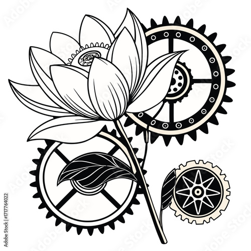 Biomechanical Bloom, a hyper-detailed with lotus flower Adobe Illustrator Artwork