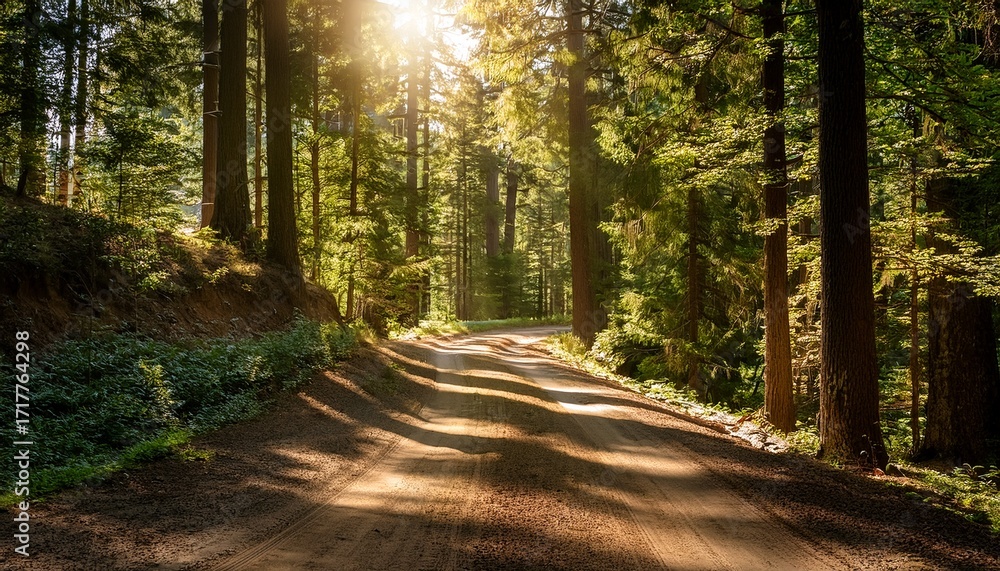 Naklejka premium Sunlit Dirt Road Meandering Through The Woods Surrounded By Trees Creating A Dreamy And Dappled Light Scene