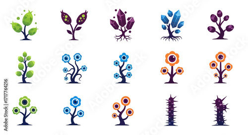 Collection of stylized fantasy alien plants and whimsical extraterrestrial flora illustrations.