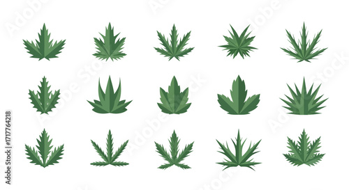 Collection of stylized green cannabis leaves and marijuana plant icons.