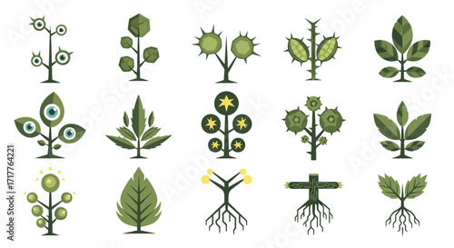 Collection of stylized green plant icons with roots and leaves.
