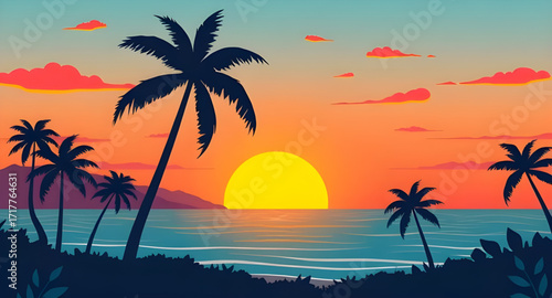 tropical sunset with palm trees, tropical beach sunset, palm trees silhouette, sunset sky orange and pink, ocean sunset horizon, seaside tropical evening, palm trees against sunset, summer beach lands