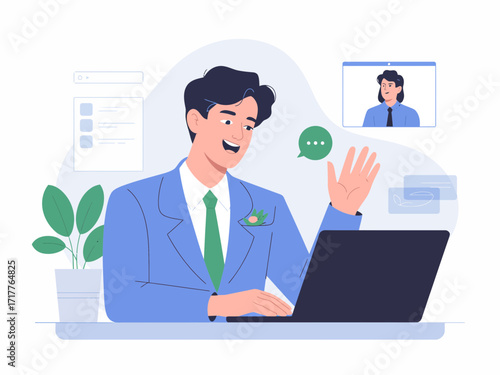 Confident businessman waves hello during a professional video conference call, connecting globally
