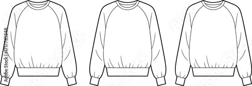 Blank raglan crewneck sweatshirt front view set, casual pullover template, fashion clothing mockup, unisex sportswear apparel, garment illustration, flat sketch