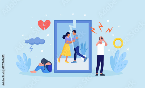 Divorce. Relationship breakup. Husband and wife feeling crisis, problems and conflict. Disagreement, misunderstanding in family.  Couple lovers photo torn apart. Man and a woman in quarrel