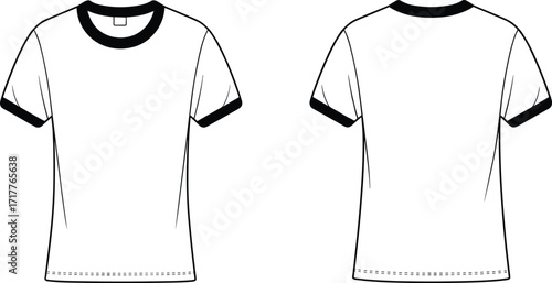 Blank ringer t-shirt template, unisex short sleeve apparel mockup, white cotton clothing design outline, front and back fashion vector illustration