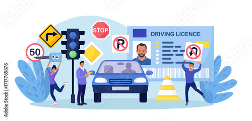 Driving school. Begginer driver learning parking on driving examination. Instructor checking student knowledge of traffic law road rule. Study of road signs, receiving driver’s license.Training course