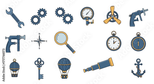 Collection of vintage tools, gears, and nautical instruments.